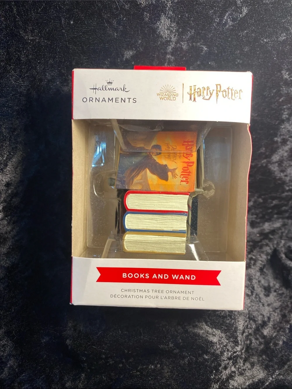 Hallmark Harry Potter Books & Wand Ornament - red, blue, gold, cream